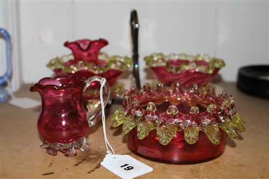 Cranberry strawberry pair plated mount and 2 cranberry cream jugs and a bowl